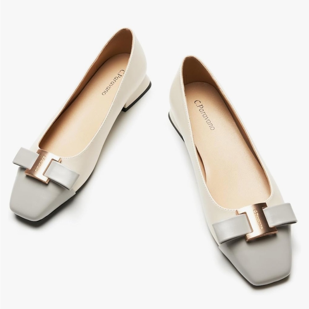 C. Paravano Women’s ballet flats bow knot square toe low block heel 8.5